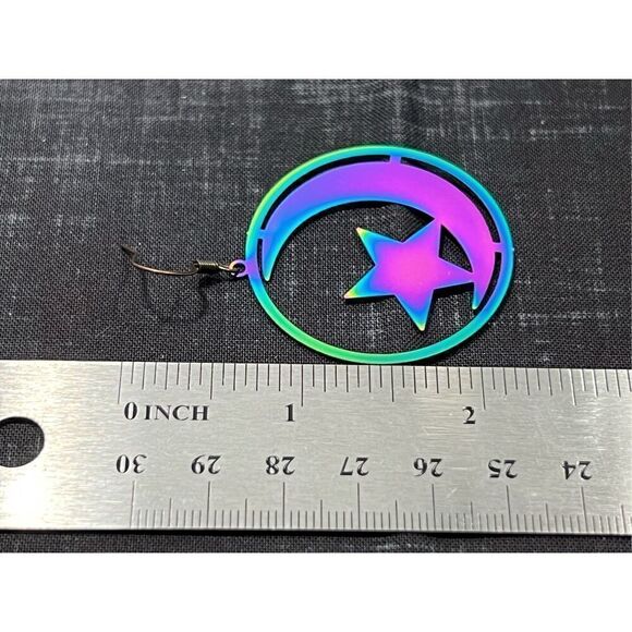 Iridescent Light Weight Moon and Star Brass Colored Fish Hook Stud Earrings - Picture 2 of 3